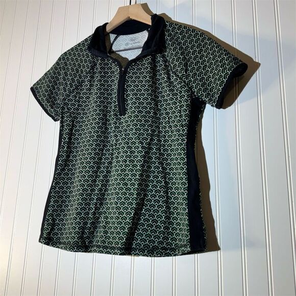 T by Talbots UPF 50+ Short Sleeve Activewear Shirt M Black Green Geometric - Picture 2 of 8